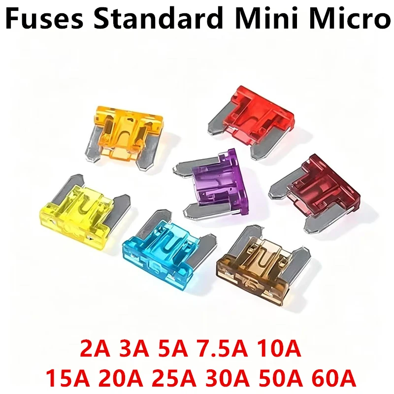 Fuses Standard Mini Micro 2 Car Fuse 2A 3A 5A 7.5A 10A 15A 20A 25A 30A 50A 60A Amp Clip Fuse Set for Car Truck Mini Small Medium