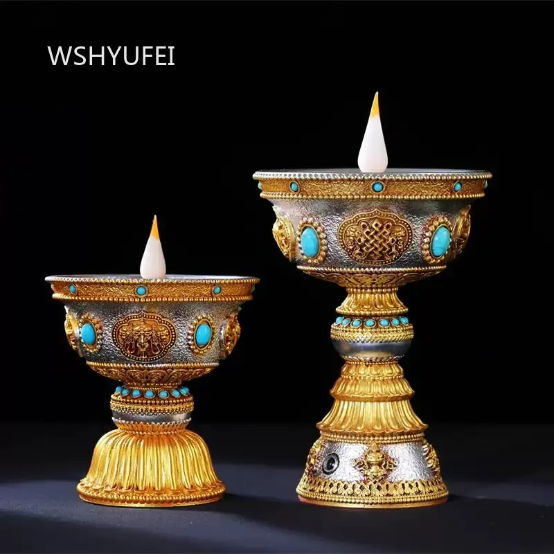 Tibetan LED Butter Lamp 8 Auspicious Symbols Embedded Turquoise Simulated Flame Buddhist Altar Worship Lamp Home Shrine Decor