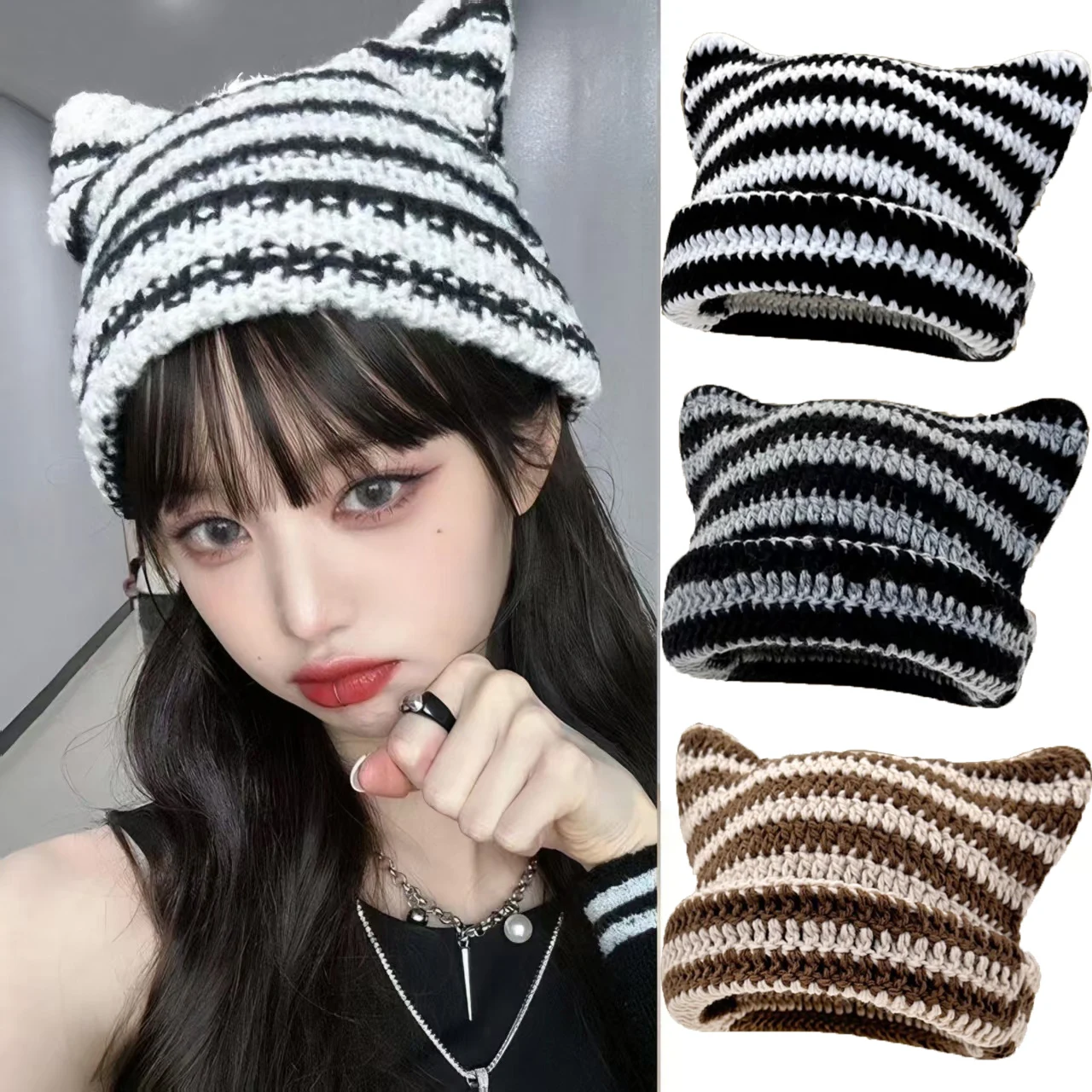 

Women Ins Devil Ear Striped Knitted Wool Cap Y2K Beanie Hat Autumn Winter Hip-hop Crochet Cute Cat Ears Pointed Pullover Hats
