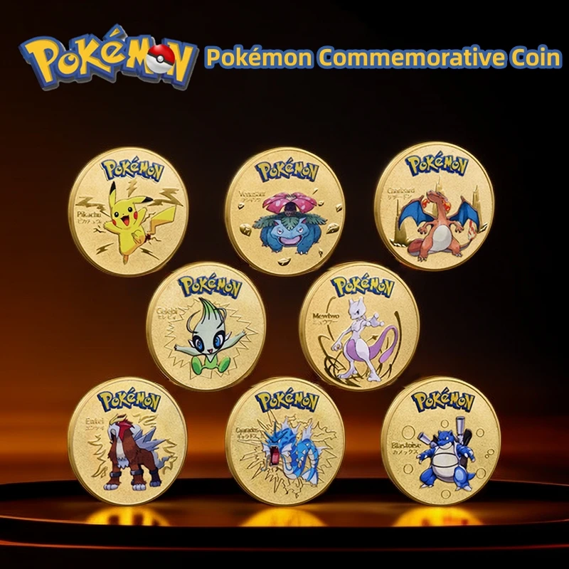 Gold Pokemon Coin Metal Set Mewtwo Charizard Pikachu Anime Card Pikachu Commemorative Medallion Collectible Pokeball Gift