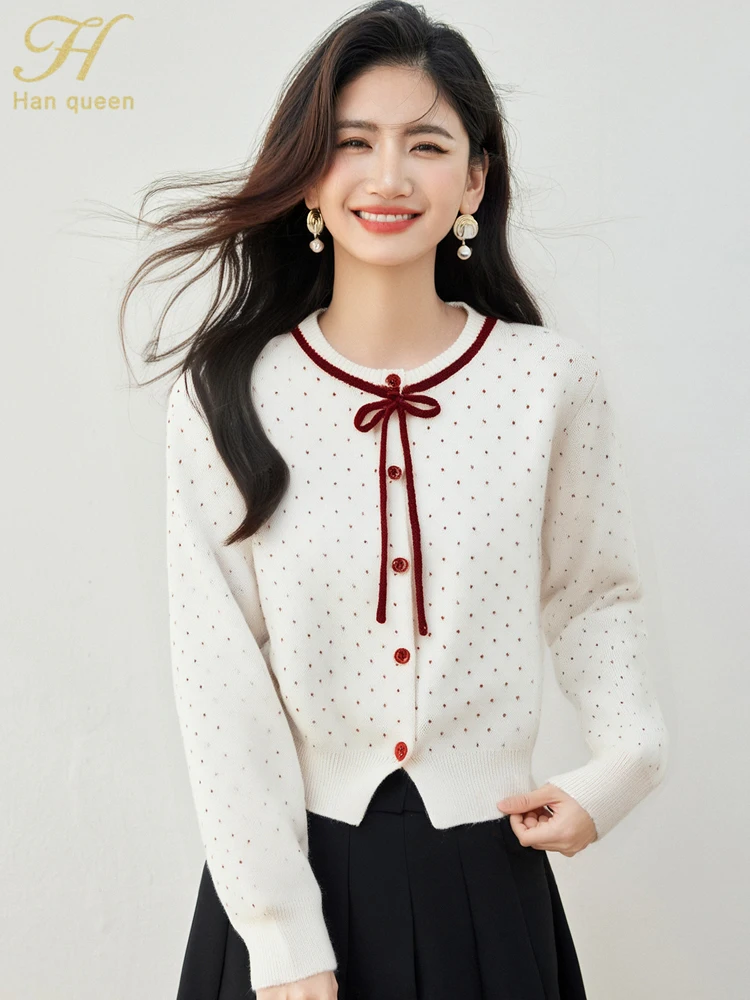 

H Han Queen, осенне-зимняя женская одежда, жаккардовый кардиган, женский свободный топ с длинными рукавами, модный трикотаж, женский свитер 2025