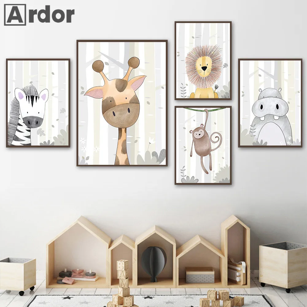 

Child Nursery Prints Woodland Animals Canvas Art Print Lion Giraffe Hippo Poster Painting Nordic Wall Pictures Kids Room Decor