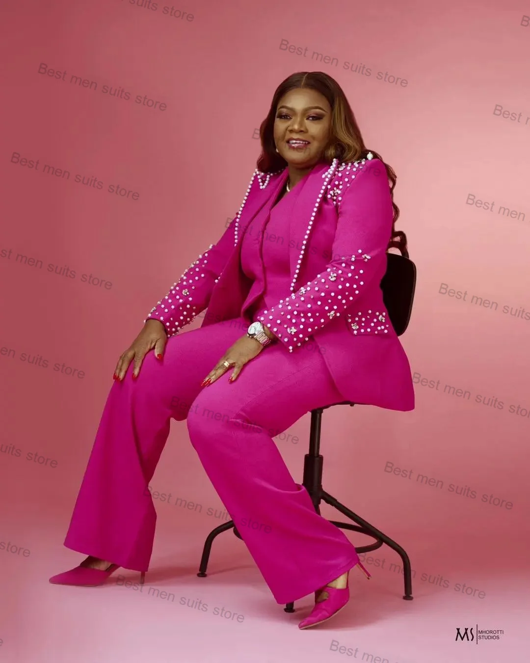 

Hot Pink Crystals Women Suit Pants Set 2 Piece Blazer+Trousers Luxury Cotton Jacket Tailored Size Coat Formal Office Prom Dress