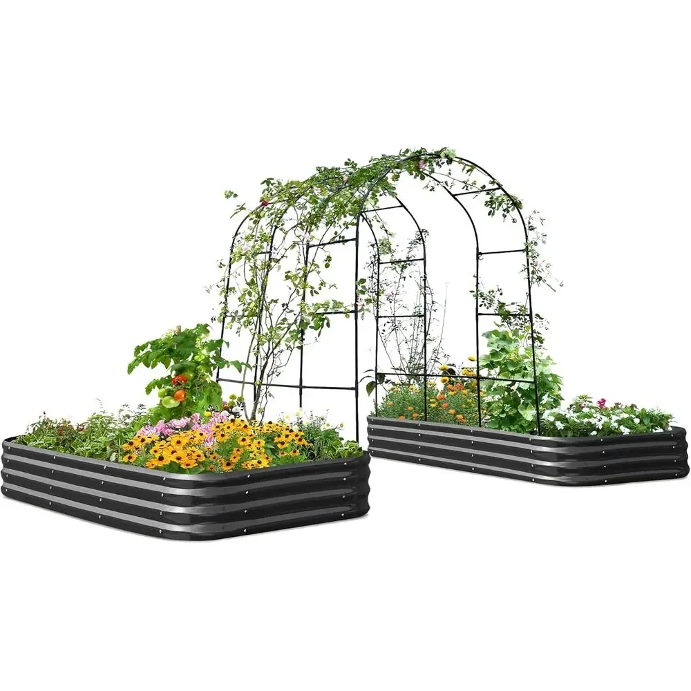 Raised Garden Bed with Arched Trellis - Galvanized Planter for Outdoor Gardening, Ideal for Climbing Vegetables, 2 Pack, Grey