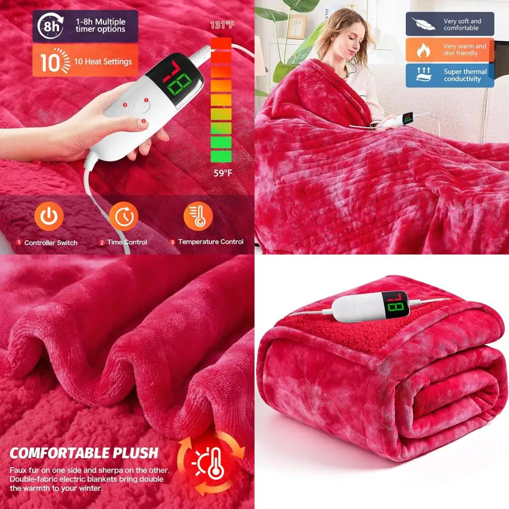 

Red Faux Fur Sherpa Electric Blanket, 5-Position Timer, 10 Heat Levels, 72x84 for Sofa Bed, Ideal Winter Gift