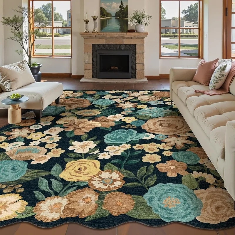 

Retro Floral Living Room Carpet Creative Irregular Wavy Bedroom Rug Machine Washable Non-slip Coffee Table Sofa Floor Mats Ковер