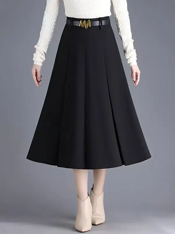 

plus Size Women's Black Slimming Midi Pleated Skirt Cover Belly A-Line Half-length Umbrella Skirt Summer Fashion plus Size