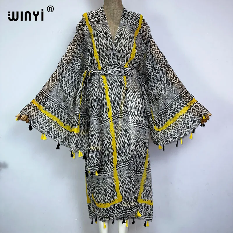 WINYI-Kimono de plage à manches longues avec ceinture, imprimé abstrait, cover-up pour bikini, cardigan sexy pour vacances, sensation de coton, robe maxi, été