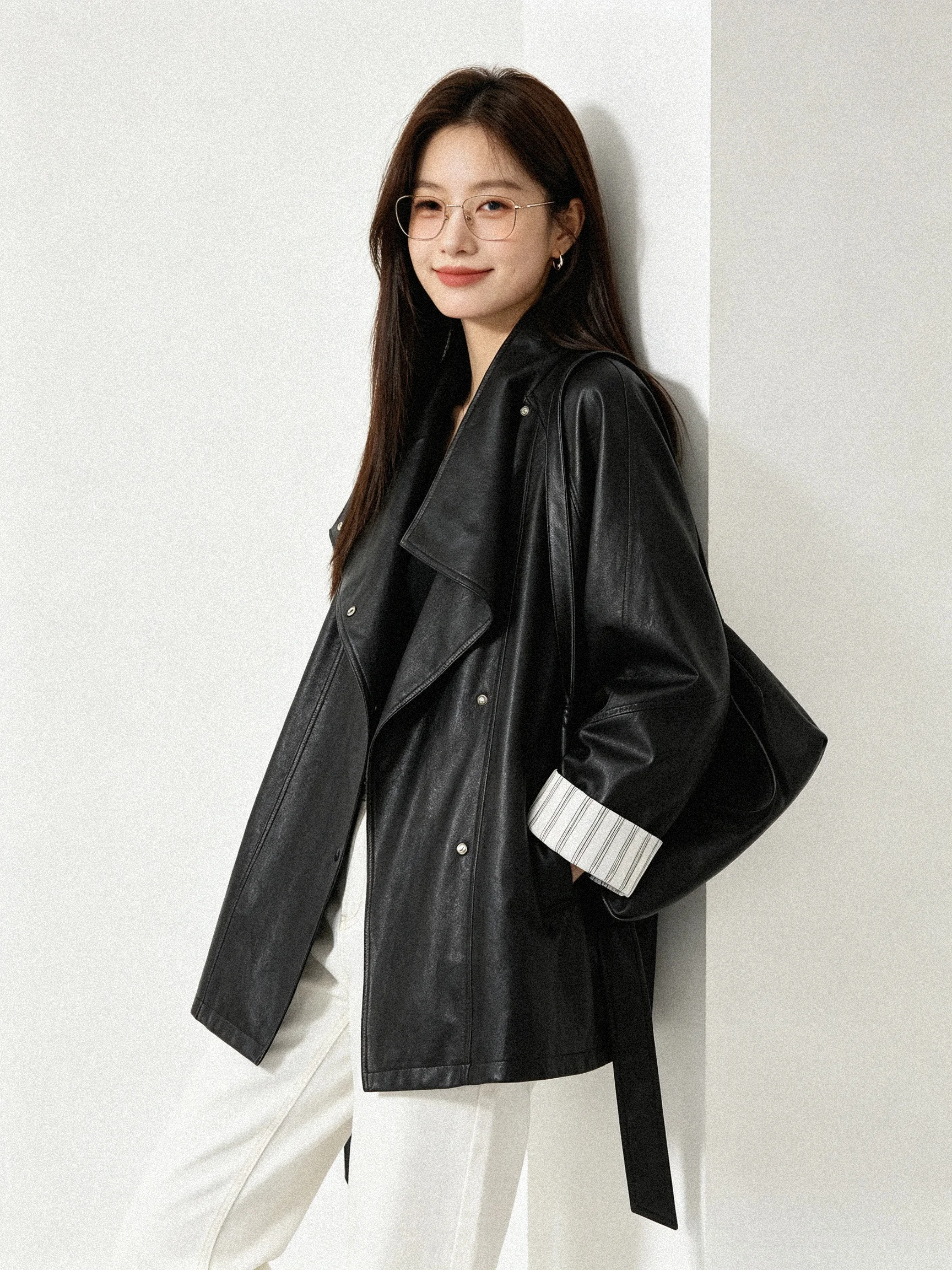Retro Black PU Leather Jacket Loose Motorcycle Outerwear Striped Casual Style Standard Fit Women's Premium Feel Autumn Wear
