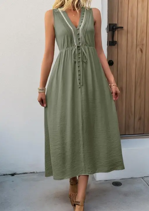 

Women's Dress Summer Classic Elegant Casual Fashion Hollow Lace Patchwork Button Decoration Lace High Waist Sleeveless Dress