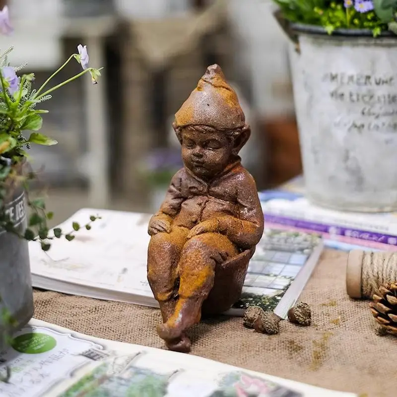 Vintage Cast Iron Elf Statue, Rustic Garden Gnome Figurine, Sitting Edge Decor, Farmhouse Outdoor Patio Ornament