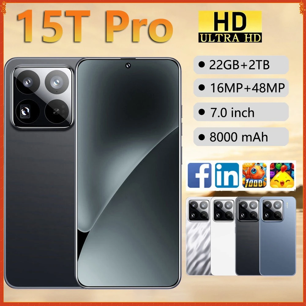 Gloednieuwe 15T Pro Smartphone 5G 7.0HD 22G + 2TB Mobiele Telefoon Android 8000mAh Ontgrendeld Mobiele Telefoons Dual Sim-kaart Global Versie