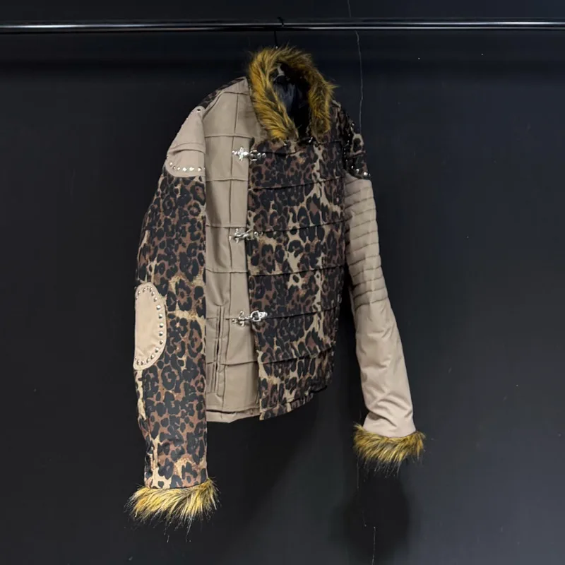 HKSH Autumn Winter New Men Tide China-Chic Leopard Print Patchwork Mink Fur Collar Quilted Jacket Trend Warm Cotton Coat HK16701