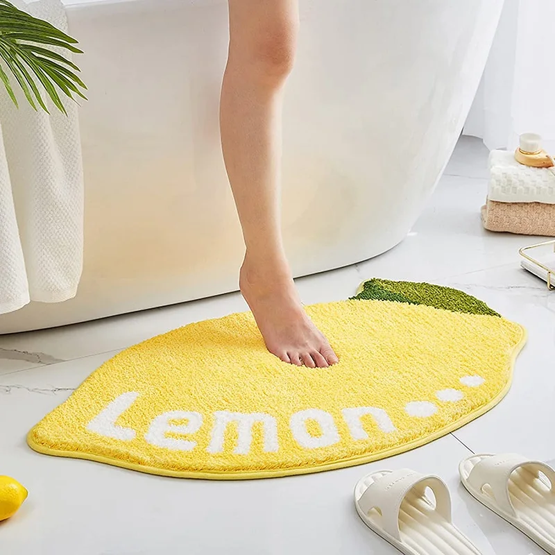 Lemon Cute Bath Rug for Bathroom Non Slip Fruit Shape Door Mat Absorbent Tufted Shower Carpet Funny Cartoon Microfiber Area Rug