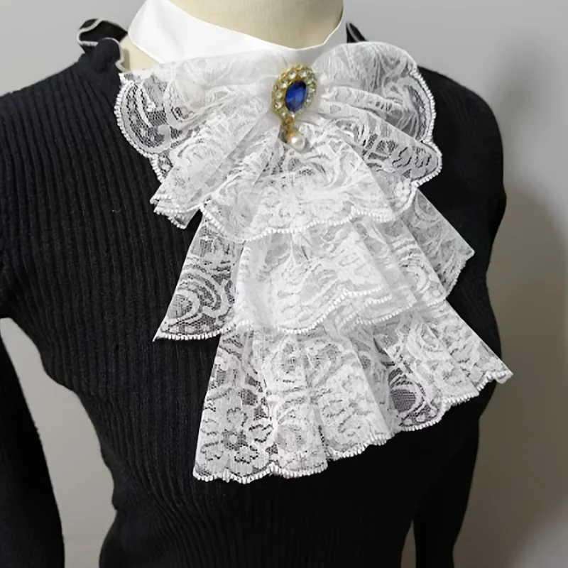 A retro-style faux collar, lace edge collar lining skirt, woven courtly La Fayette bow tie, hand wash or dry clean only.