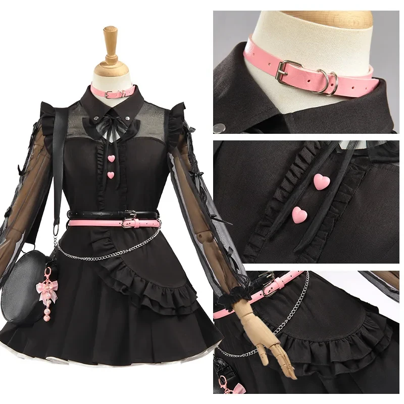 Disfraz de Cosplay Euro 7 de Kanade Yoisaki Ena Shinonome, Vestido Lolita Gótico Negro, Cinturón, Cadena para Pierna, Bolso, Peluca, Set para Comi 【【【2