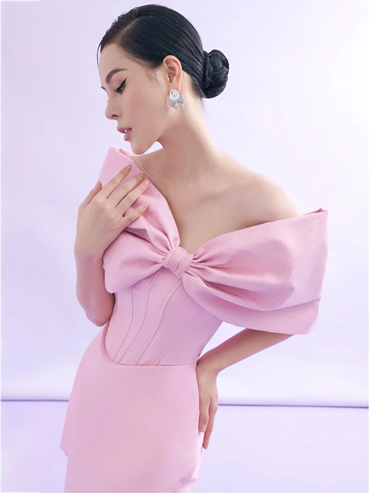 DEAT Elegant Dress Strapless Off Shoulder Asymmetric Big Bow Pink Women\'s Elegant Mini Dress 2024 Spring New Fashion 13DB3186