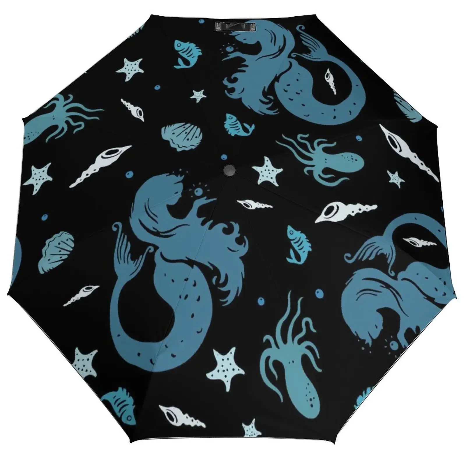 

Cartoon Mermaid 3 Fold Automatic Umbrella Mermaids Playing In The Sea UV Protection Umbrella Lightweight Sun and Rain Umbrellas
