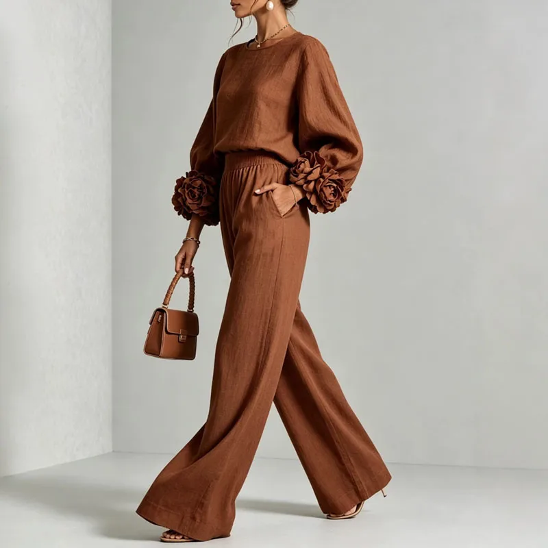 Autumn Solid Two‑Piece Sets Ladies Round Neck Lantern Sleeve Top 3D Flower Wide Leg Trousers Suit Elegant Daily Vacation Outfits view 6
