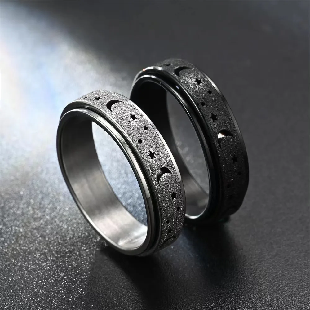 Frosted Stainless Steel Moon And Star Fidget Rings For Men Anti Stress And Anxiety Rotating Ring Fidget Metal Spinner Anillos