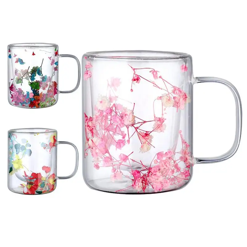 250ml Double Wall Glass Coffee Mug Dried Flowers Heat-Resistant Glasses Cup Flower Glass Mug Flower Decorated Coffee Cup tea cup