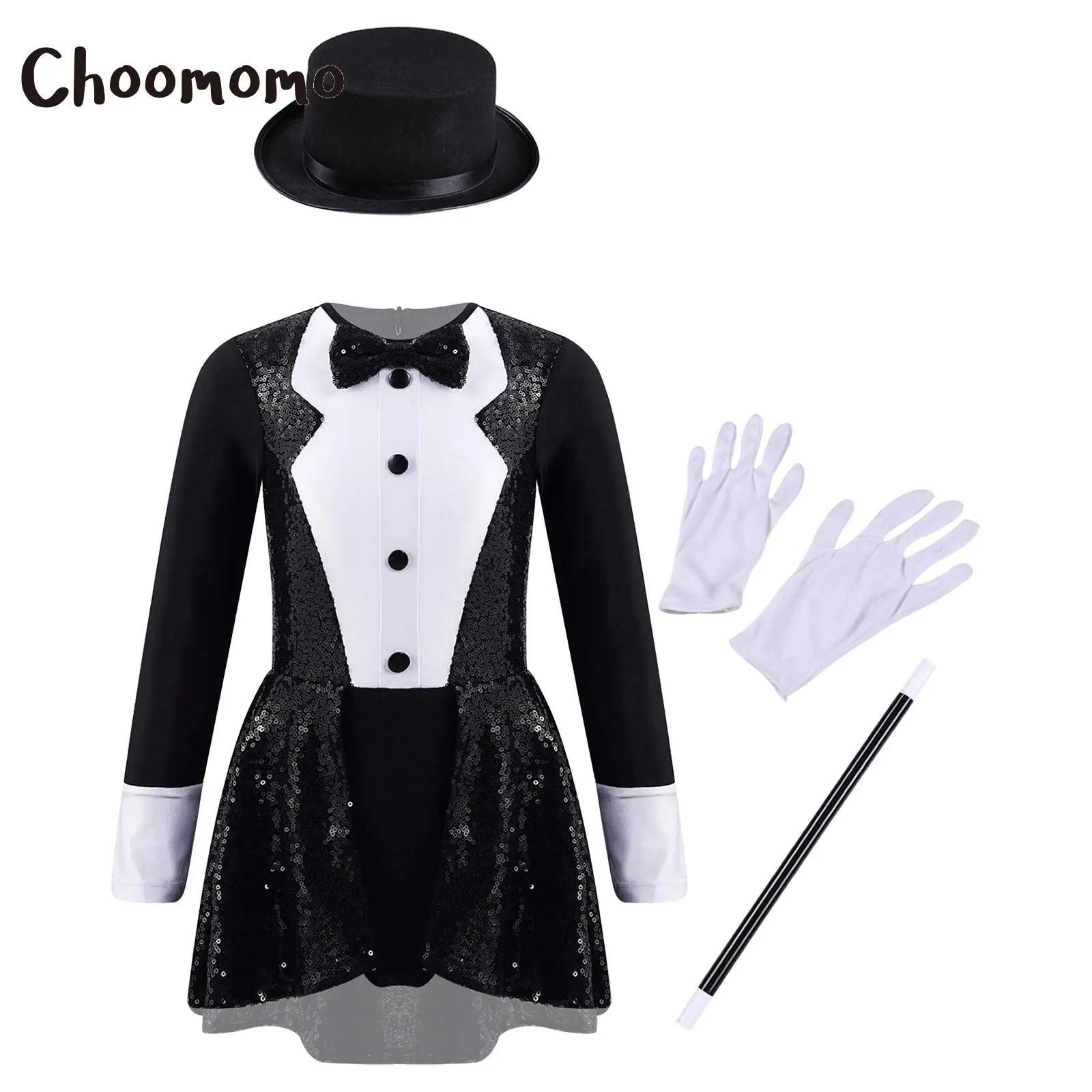 

Girls Magician Costume Set Long Sleeves Bow Tie Tuxedo Sequin Leotard Bodysuit +Hat Magic Wand Gloves Halloween Cosplay Dress Up