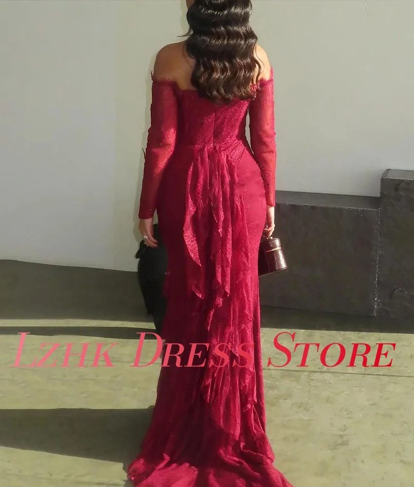 تخصيص رائعة الدانتيل المتدرج حورية البحر الكشكشة المتدرج قبالة الكتف مساء اللباس جودة عالية طويلة الأكمام فساتين حفلة موسيقية