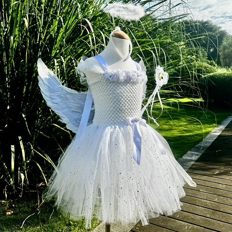 Disfraz de tutú de Ángel Blanco para niñas, vestido de Cosplay de princesa con alas, Disfraces de Halloween, ropa para niñas, atuendo de 2 a 12 años