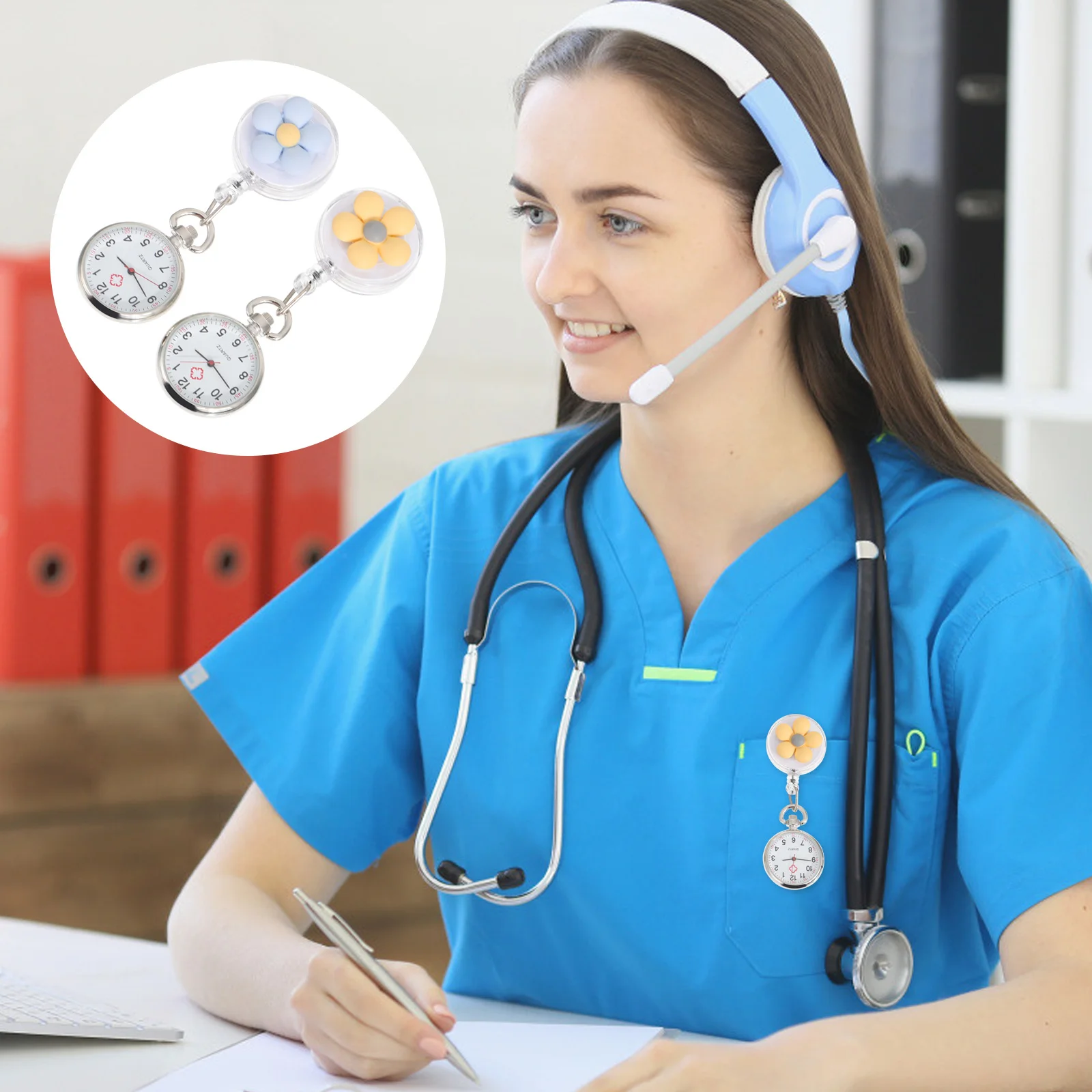 

2Pcs Flower Nurse Watches Retractable Clip-on Pocket Watch for Nurses Quartz Hanging Watch Portable