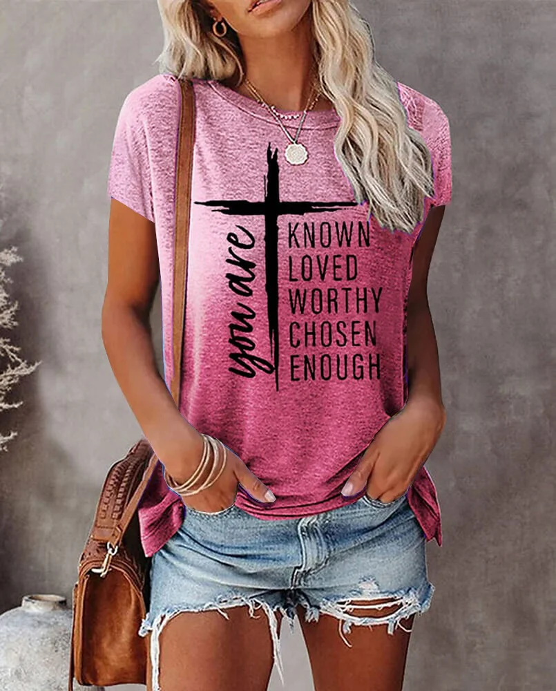 2024 New Style T-Shirt For Women Crucifix Print Vintage Top Women's Oversized Clothes Summer Crew Neck Blouse Original Design