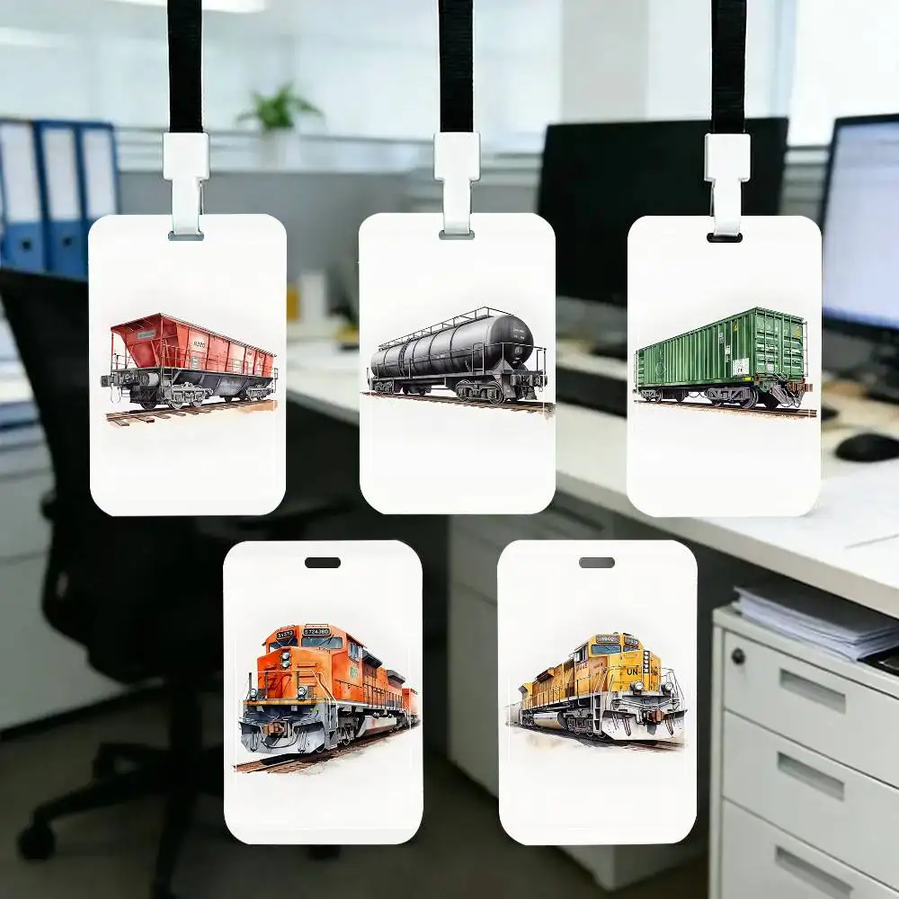 

1pc Watercolor Retro Steam Train Railroad Freight Car ID Card Sleeve School Card Access ID Card Protective Sleeve Easy Push