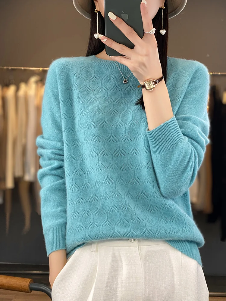 Women O-neck Knitted Thin Cardigan 100% Merino Wool Long Sleeve Sweater For Spring Autumn Casusal Hollow out tops Clothing