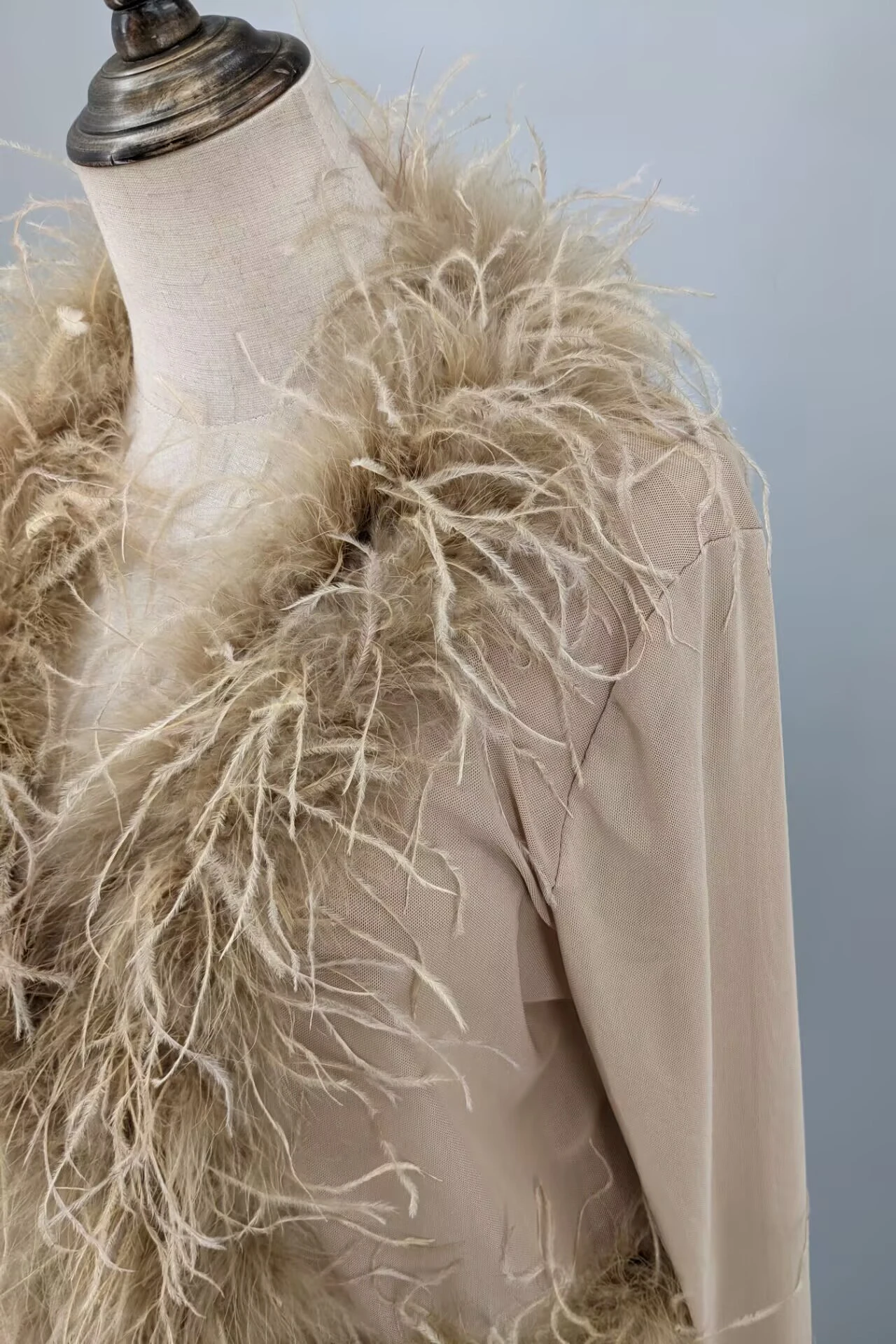 Women See-Through Top with Real Ostrich Feather Brown Black Cropped Jacket Top Bolero 240711