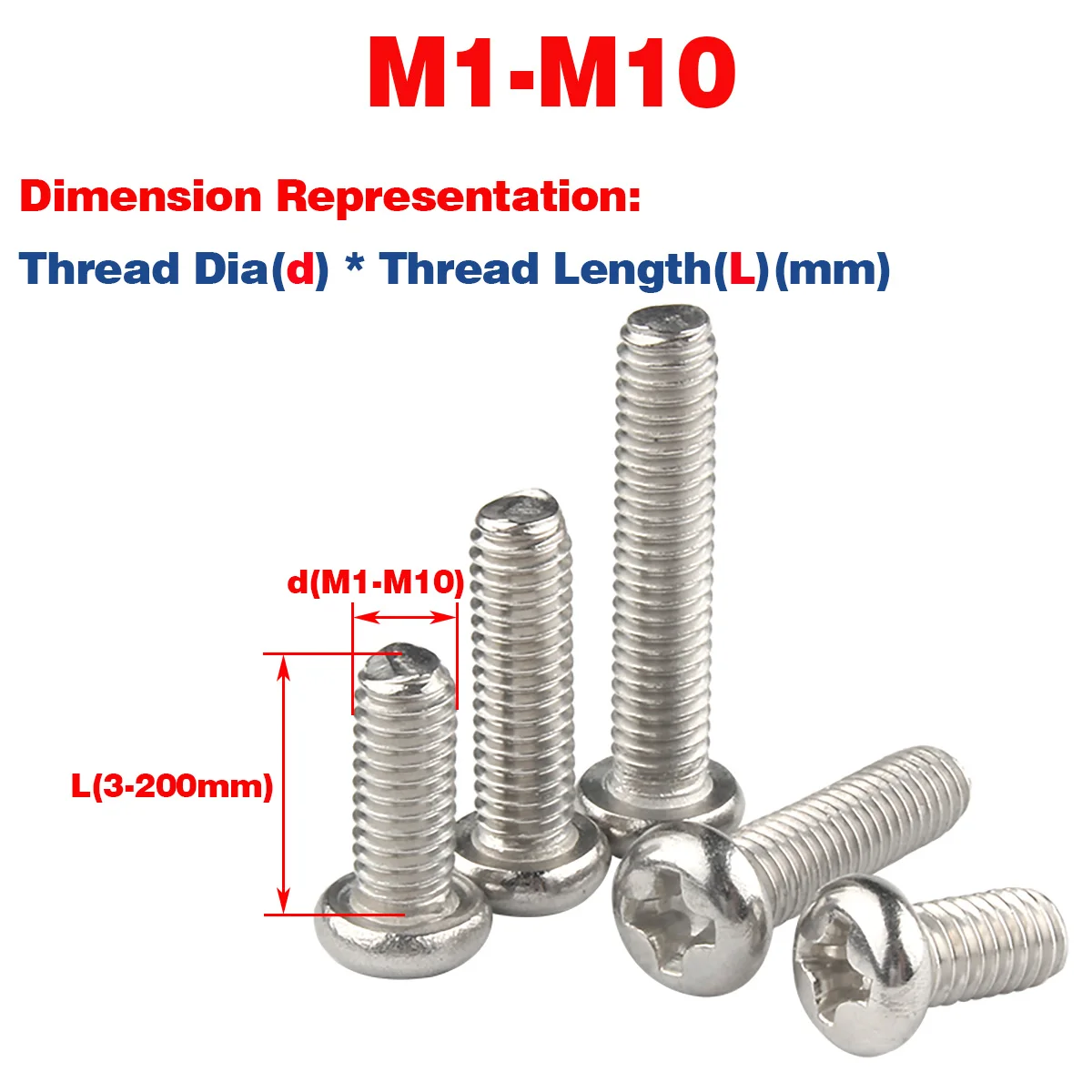 

304 SS Pan Head / Round Head Flat Tail Bolt, Phillips Screw M1-M10