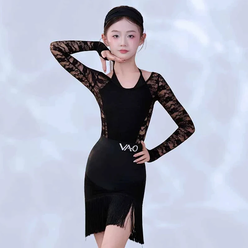 Black Latin Dance Suit For Girl Lace Sleeve Bodysuit Fringe Skirt Kid Chacha Rumba Dance Performance Costume Practice Set 4224