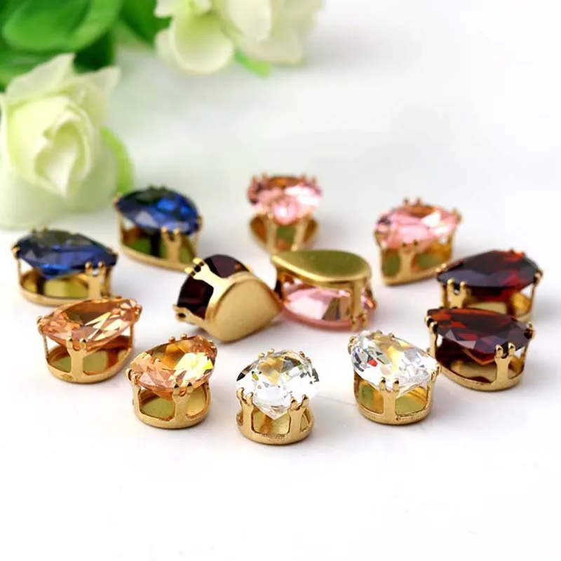 10x14mm 10pcs/pack Drop Top Quality Multicolour Natural Zircon, Golden Base Super Flash Sew on Stones, Diy/Jewellery Accessories