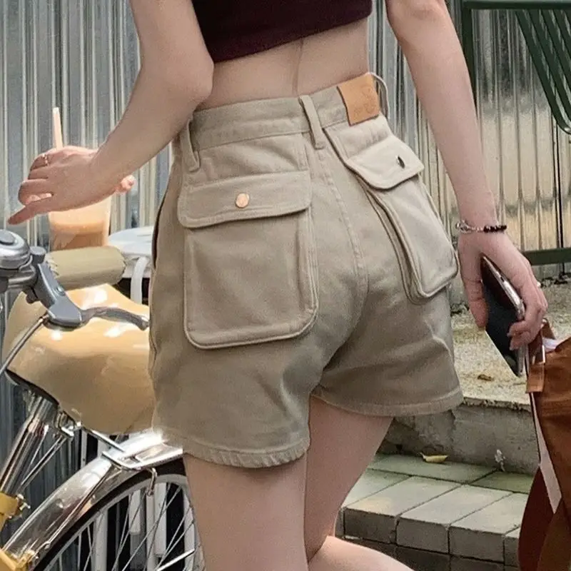 Women's Cargo Denim Shorts Yellow Short Pants for Woman To Wear with Waist Pocket Vintage Normal Y2k Harajuku New In Hot Jeans