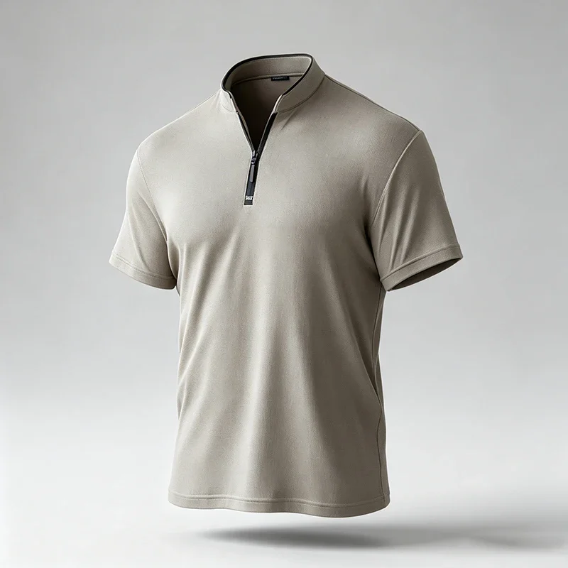 Herren Stehkragen Kurzarm-T-Shirt mit Viertelreißverschluss, Kontrastbesatz am Hals, normale Passform, knitterresistent, lässiger Alltagspullover.