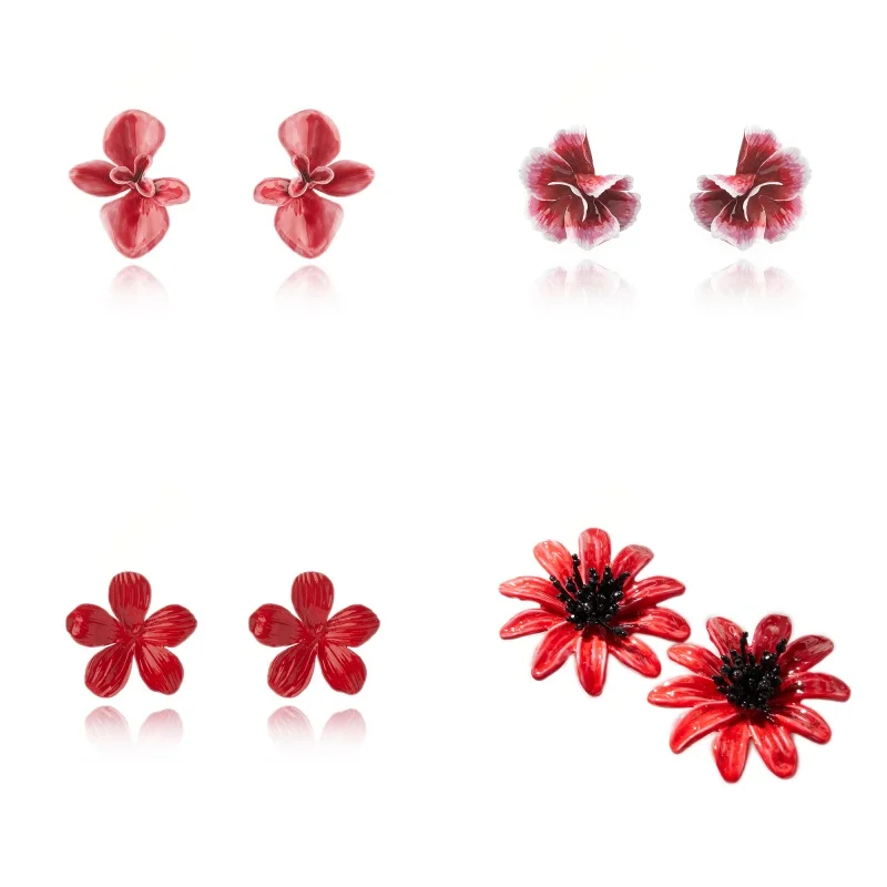 

Vintage Red Glass Women's Stud Earrings Flower Style Fashionable Sweet Personalized Aretes Para Mujer