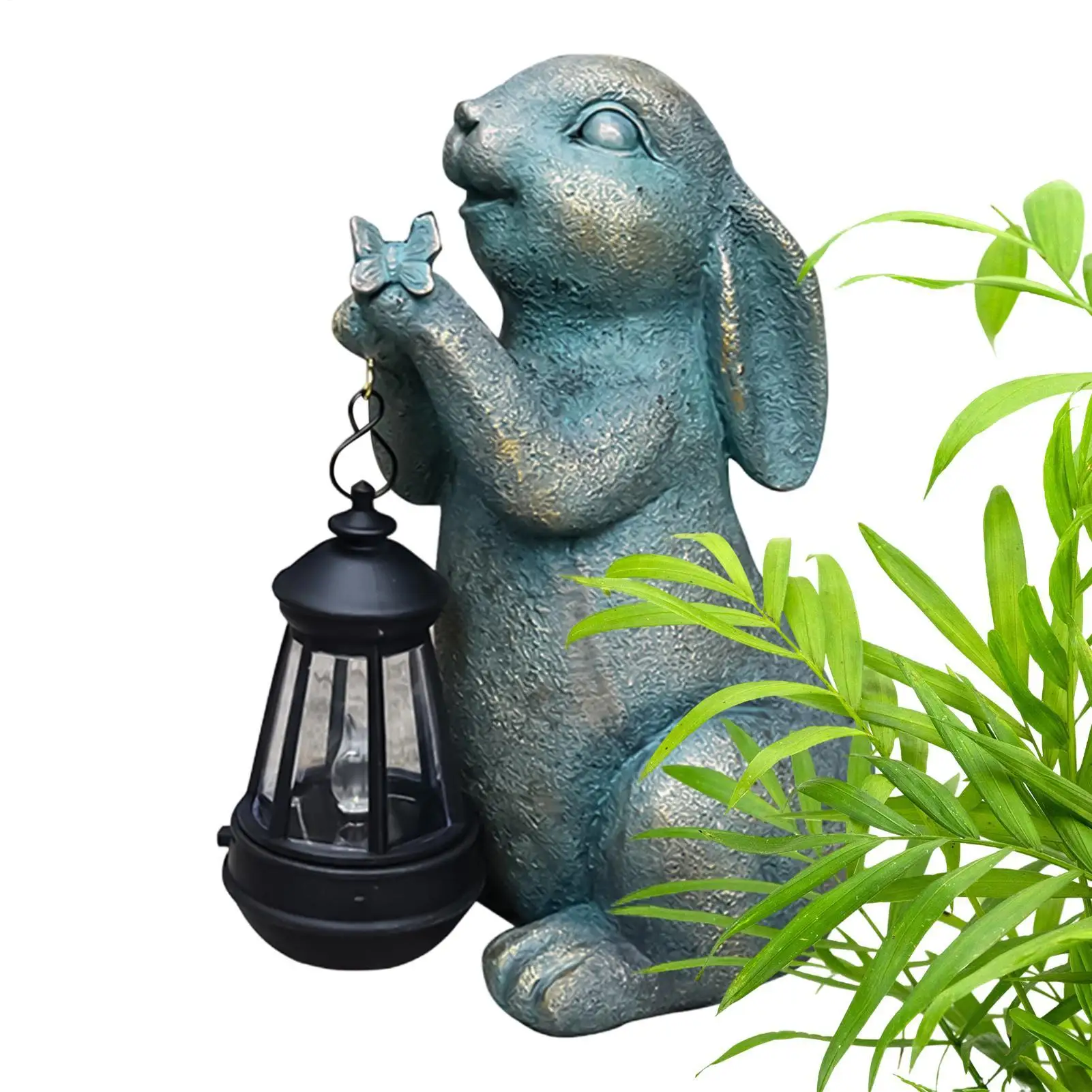 Easter Bunny Statue With Solar Light Sculpture Ornament Resin Garden Rabbits Statue Vintage Imitation Bronze Spring Easter Decor