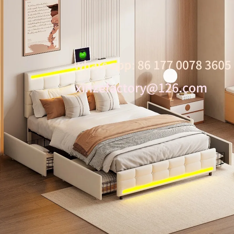 

Customizable 140x200cm Upholstered Double Bed with 4 Storage Drawers, Teenager Bed with LED Lighting and USB Charging