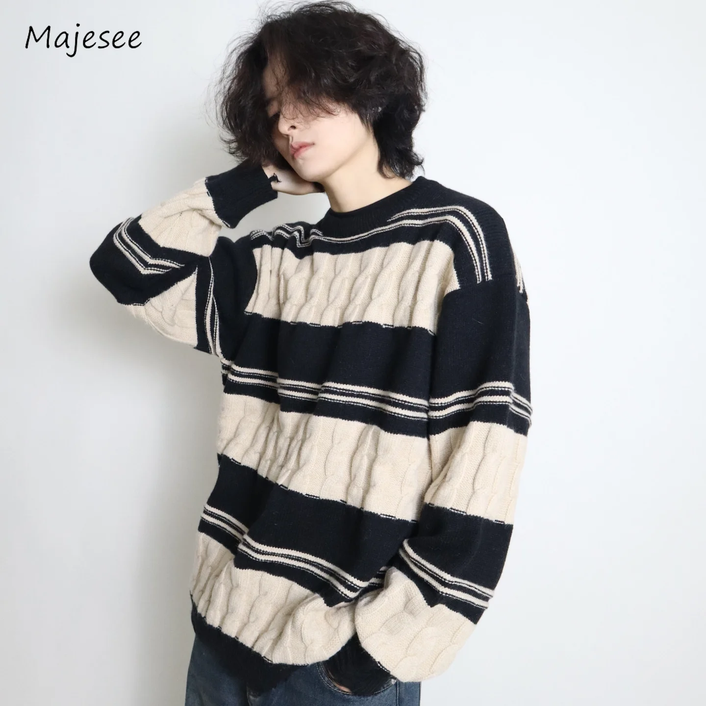 

Striped Pullovers Men Patchwork Slouchy All-match Couples Autumn Winter Korean Fashion Gentle Sweater Y2k Outwear Knitted Chic