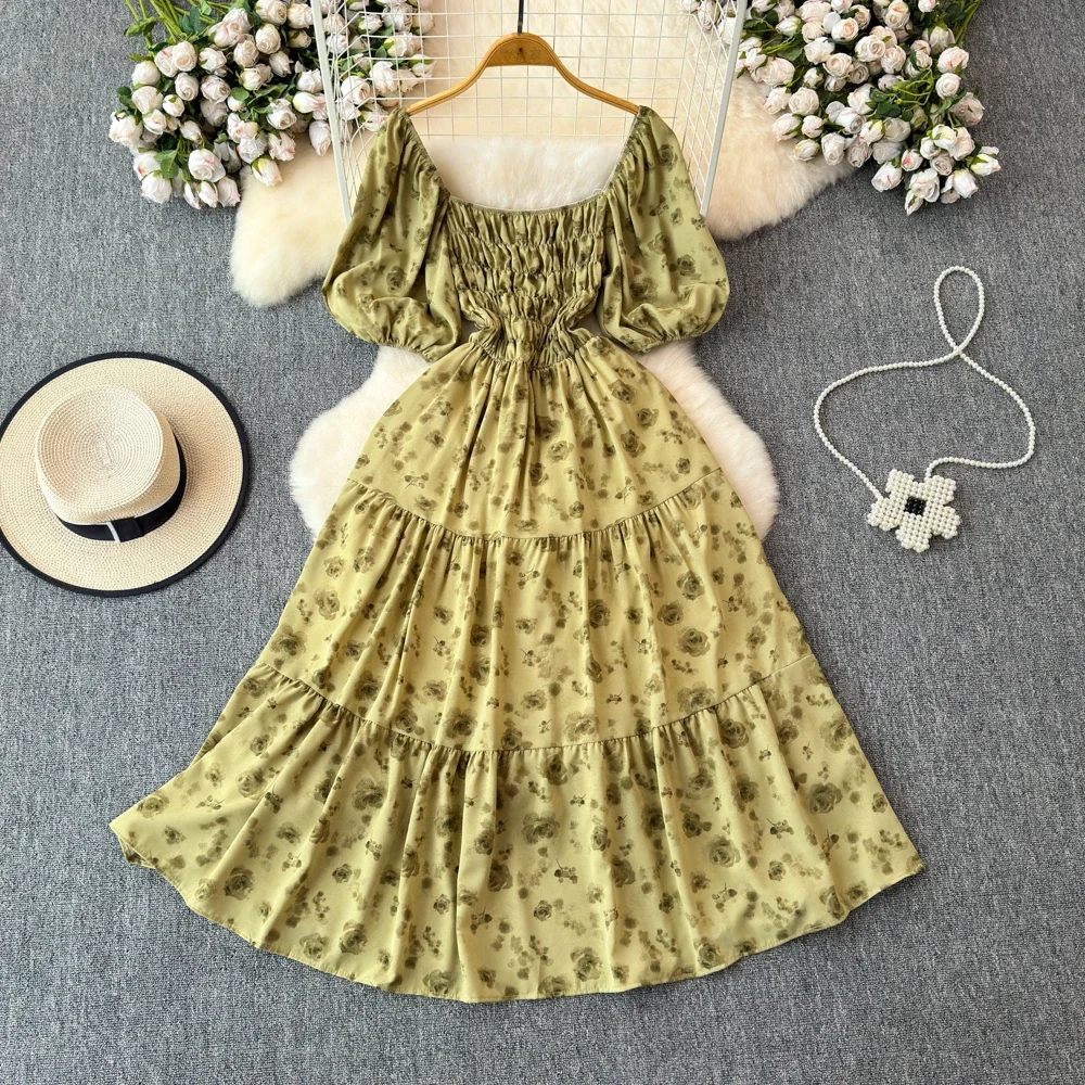 2026 nieuwe zomer bloemenprint lange jurk vrouwen vintage vierkante hals ruches borst sjerp bandage zonnejurk party vestidos