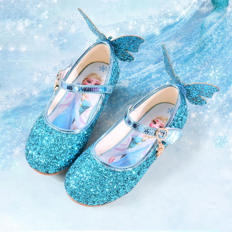 Disney Frozen Elsa księżniczka buty okrągłe Toe cekinowy motyl płaskie różowe niebieskie lśniące obuwie rozmiar 24-35