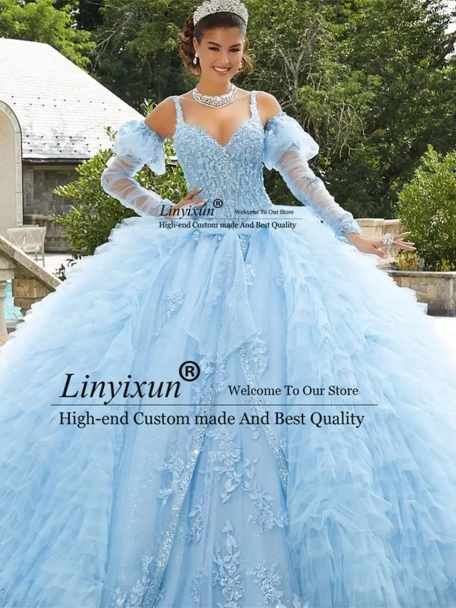 Abito da ballo con perline blu cielo abiti Quinceanera con applicazioni di pizzo dolce 15 corsetto abito in maschera Ruffles Vestidos De 15 aecos