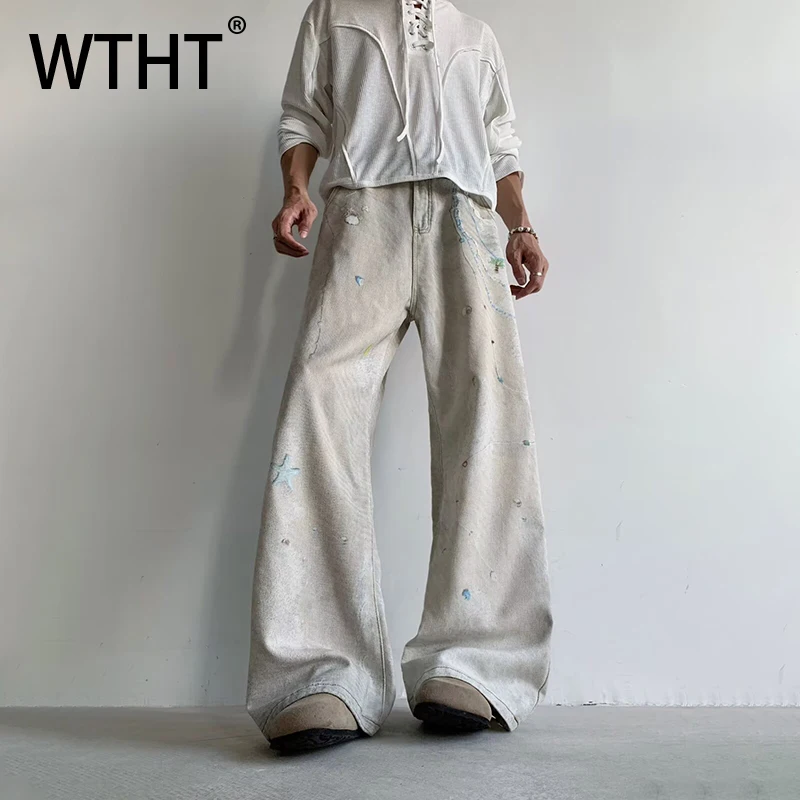 

WTHT Vintage Men's Irregular Graffiti Do Old Design Denim Pants Fashion 2025 Summer Loose Straight Wide Leg Jeans Male 2A1120