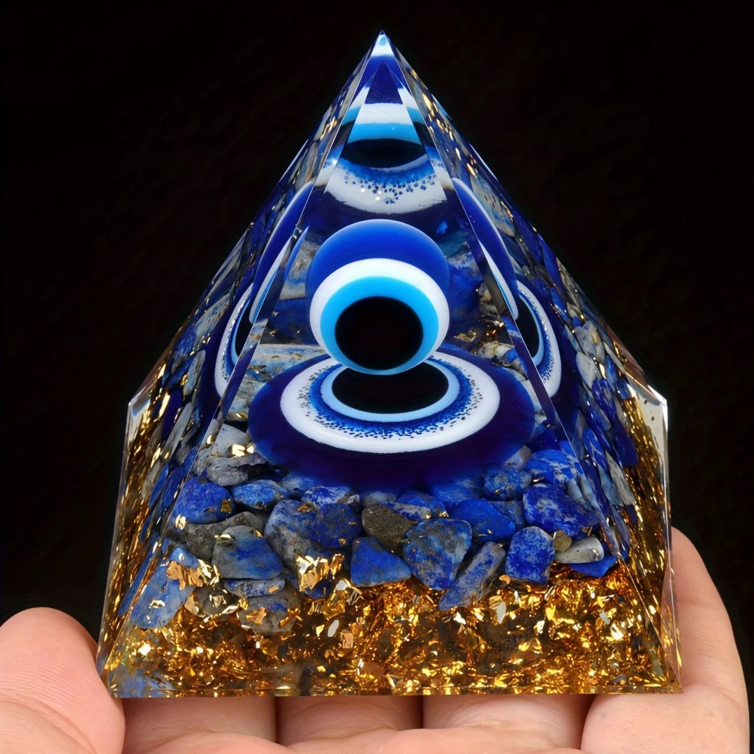 1pc natural crystal fragment lapis lazuli gemstone, evil eye orgonite pyramid, devil's eye resin pyramid, aura home decoration