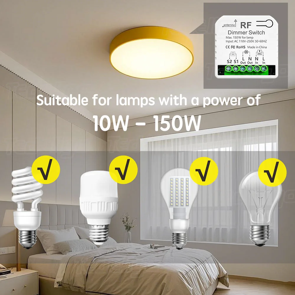 433Mhz Wireless Dimmer Light Switch Remote Controls AC 110V 220V Adjustable Brightness Controller for 10~150W LED and Halogen