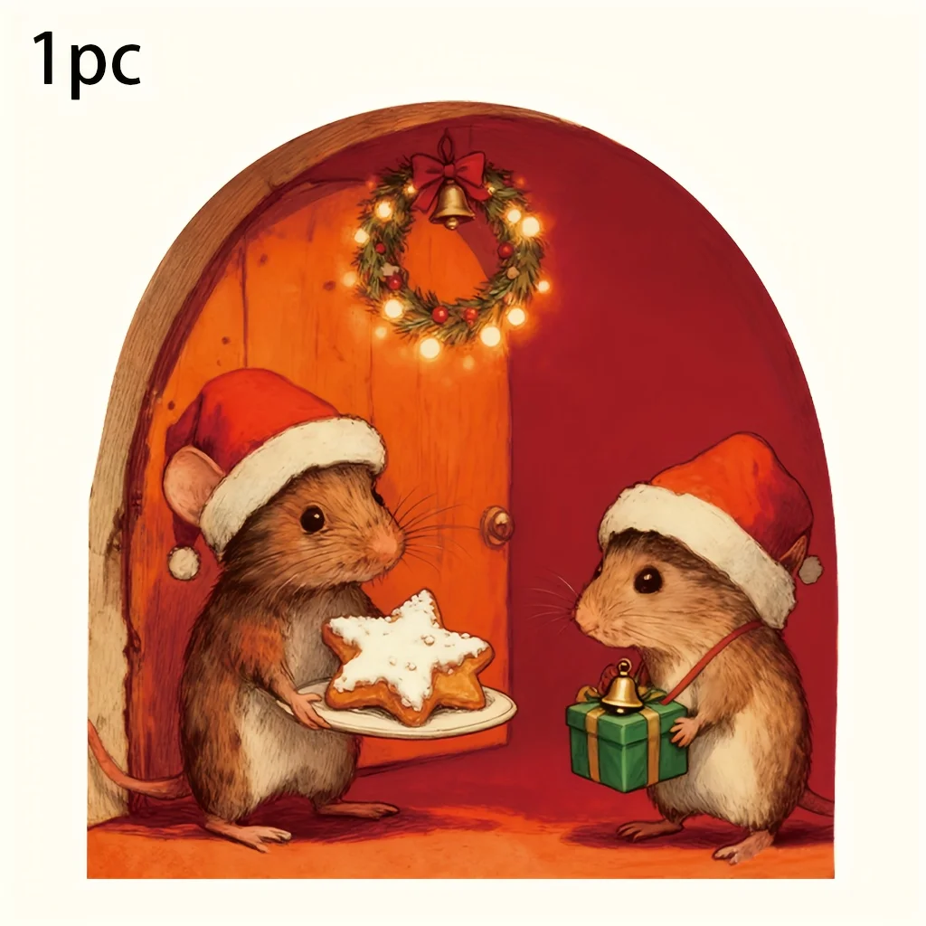 1Pc 2D Flat Vintage Christmas Mouse Gift Cookie Waterproof Vinyl Sticker Car Window Laptop Helmet Holiday Decal