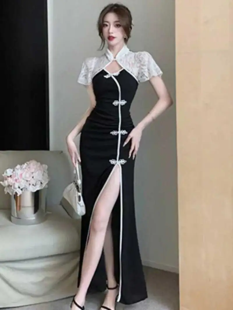 فستان تشيباو الصيني الجديد مقاس كبير، فستان شيونغسام أنيق، تنورة طويلة بفتحة متعرجة للنساء على الطراز الوطني فستان تشيباو حديث #2